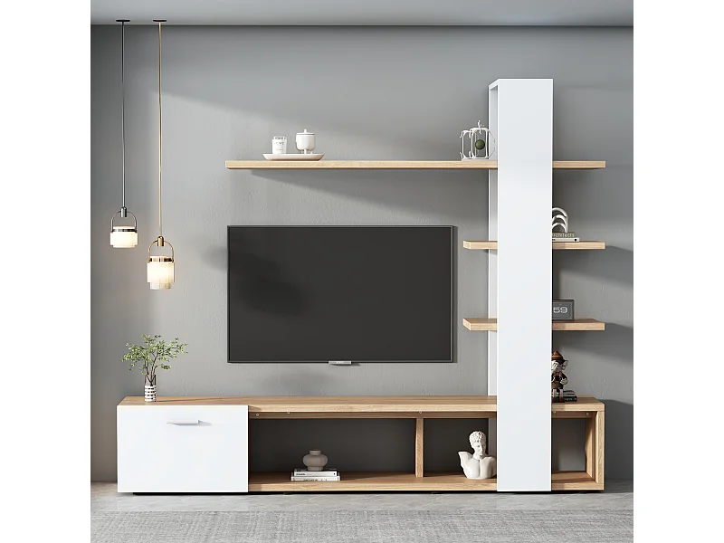 TV-Wandschrank-Set - 180 x 33,5 x 151,5 cm - mit 1 Tür und Ablageboden - Spanplatte - Natur
