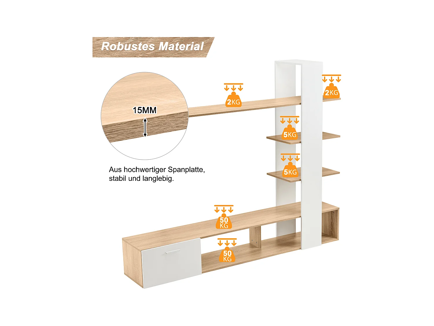Ensemble meuble de mur TV - 180 x 33,5 x 151.5 cm - avec 1 porte et étagère de rangement - aggloméré - naturel