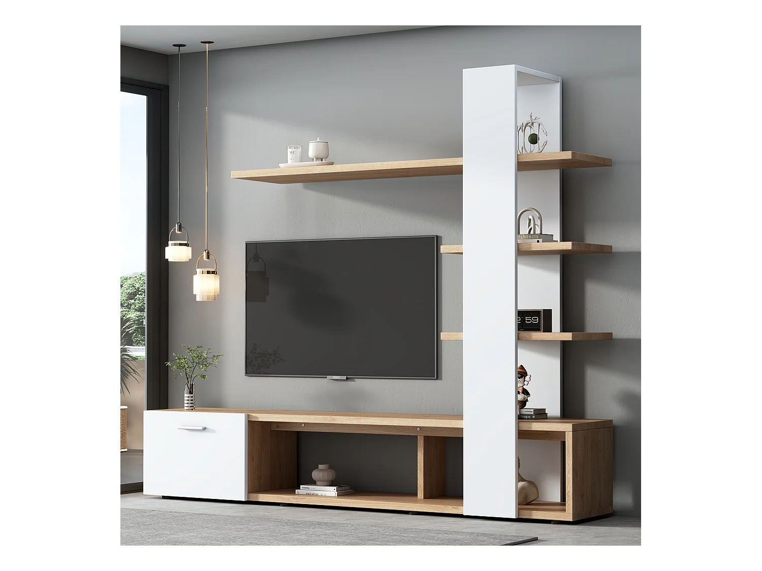 Ensemble meuble de mur TV - 180 x 33,5 x 151.5 cm - avec 1 porte et étagère de rangement - aggloméré - naturel