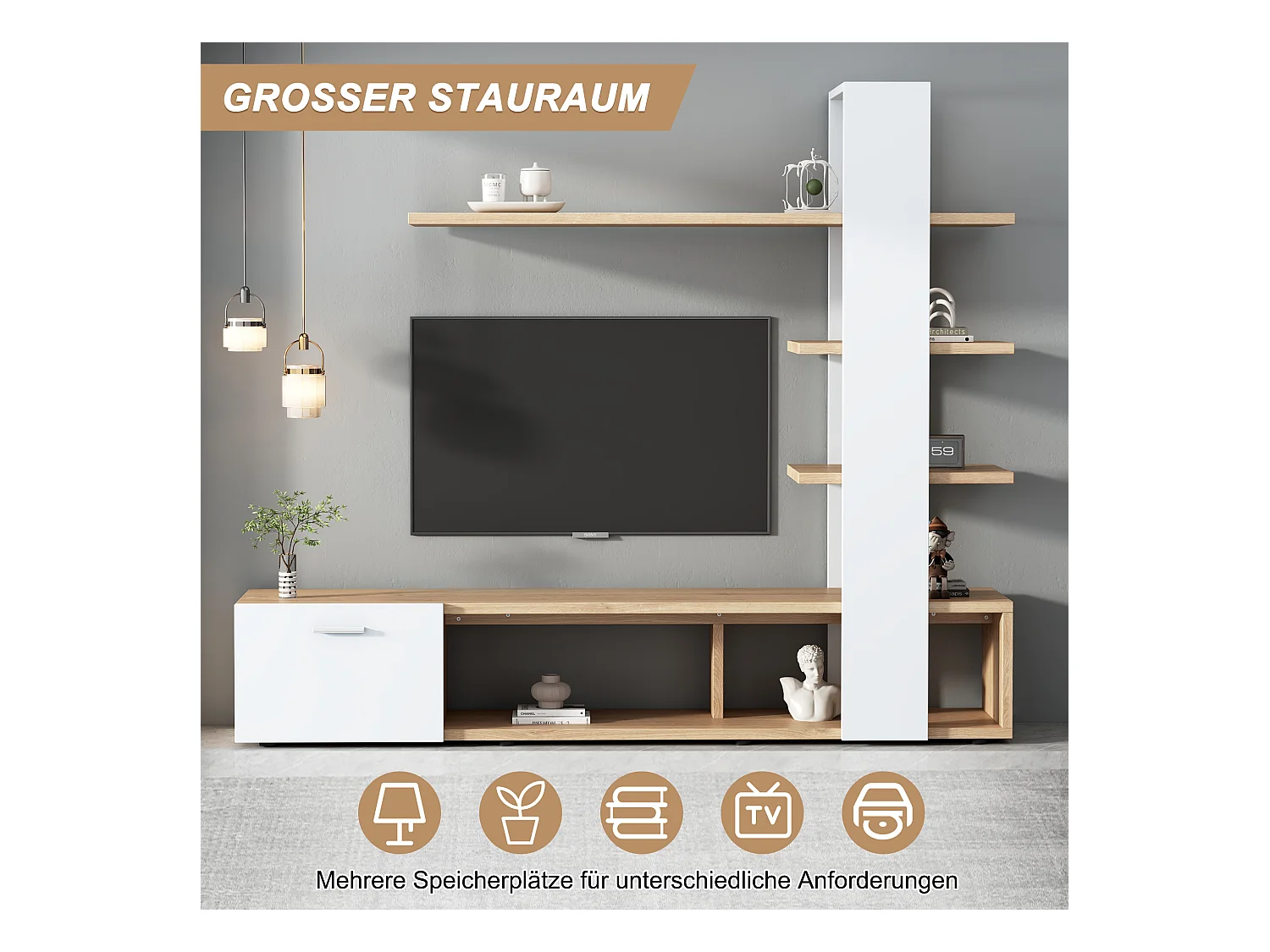 Ensemble meuble de mur TV - 180 x 33,5 x 151.5 cm - avec 1 porte et étagère de rangement - aggloméré - naturel