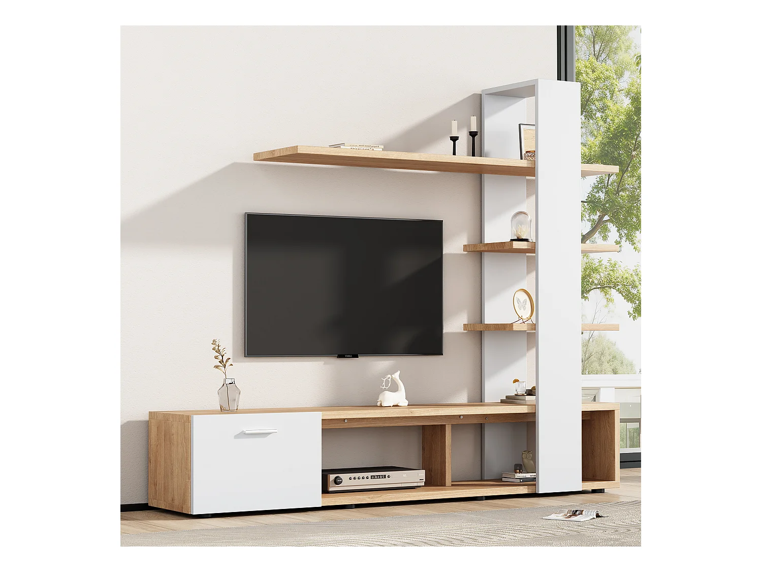 Ensemble meuble de mur TV - 180 x 33,5 x 151.5 cm - avec 1 porte et étagère de rangement - aggloméré - naturel