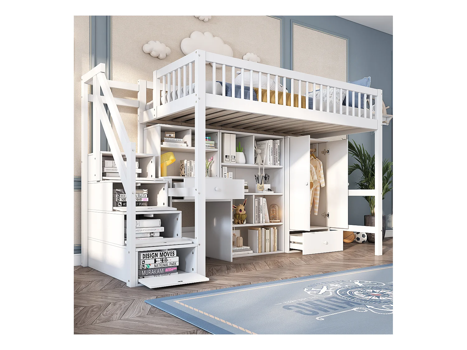 Lit mezzanine 90 x 200 cm avec bureau, étagères et armoir - bois massif - blanc