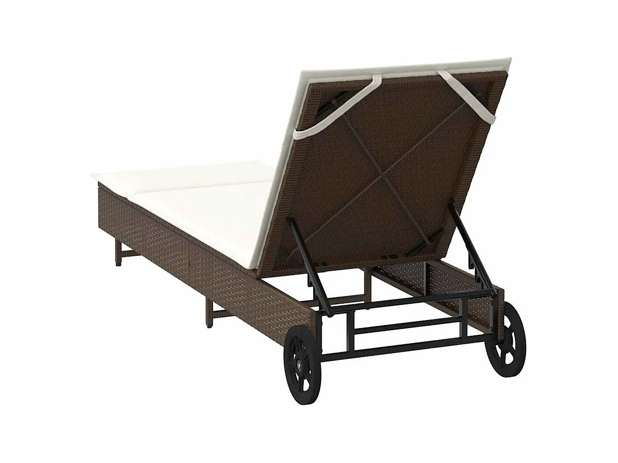 Chaise longue avec roues et coussin marron résine tressée