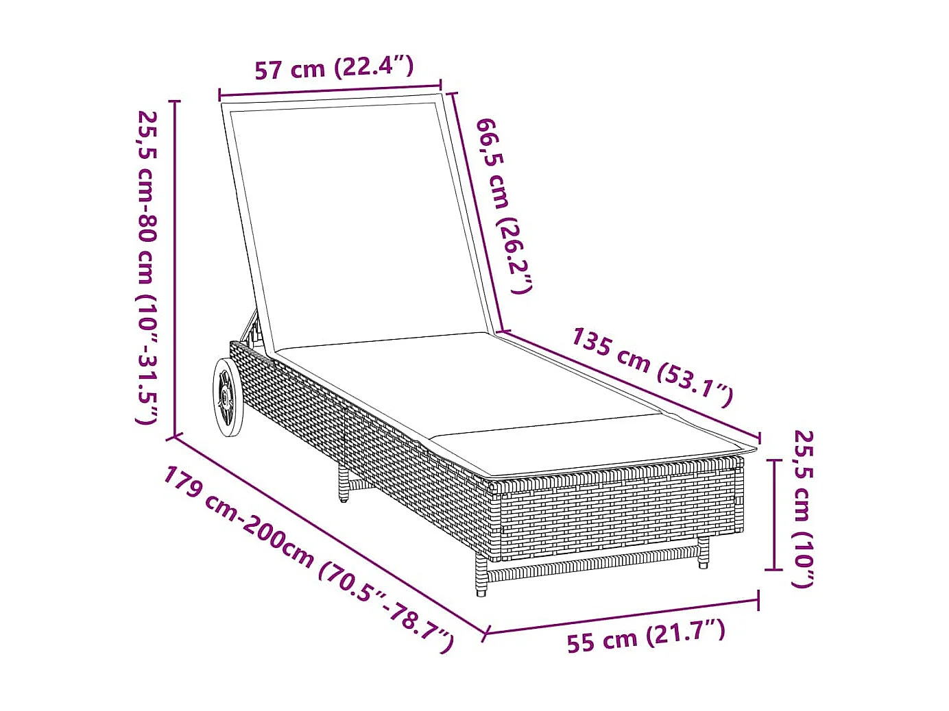 Chaise longue avec roues et coussin marron résine tressée