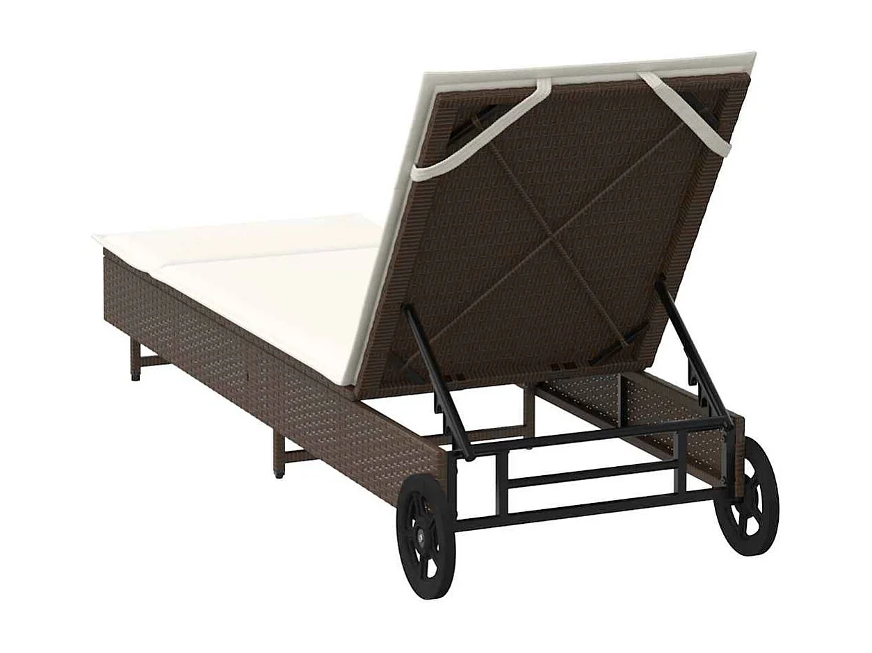 Chaise longue avec roues et coussin marron résine tressée