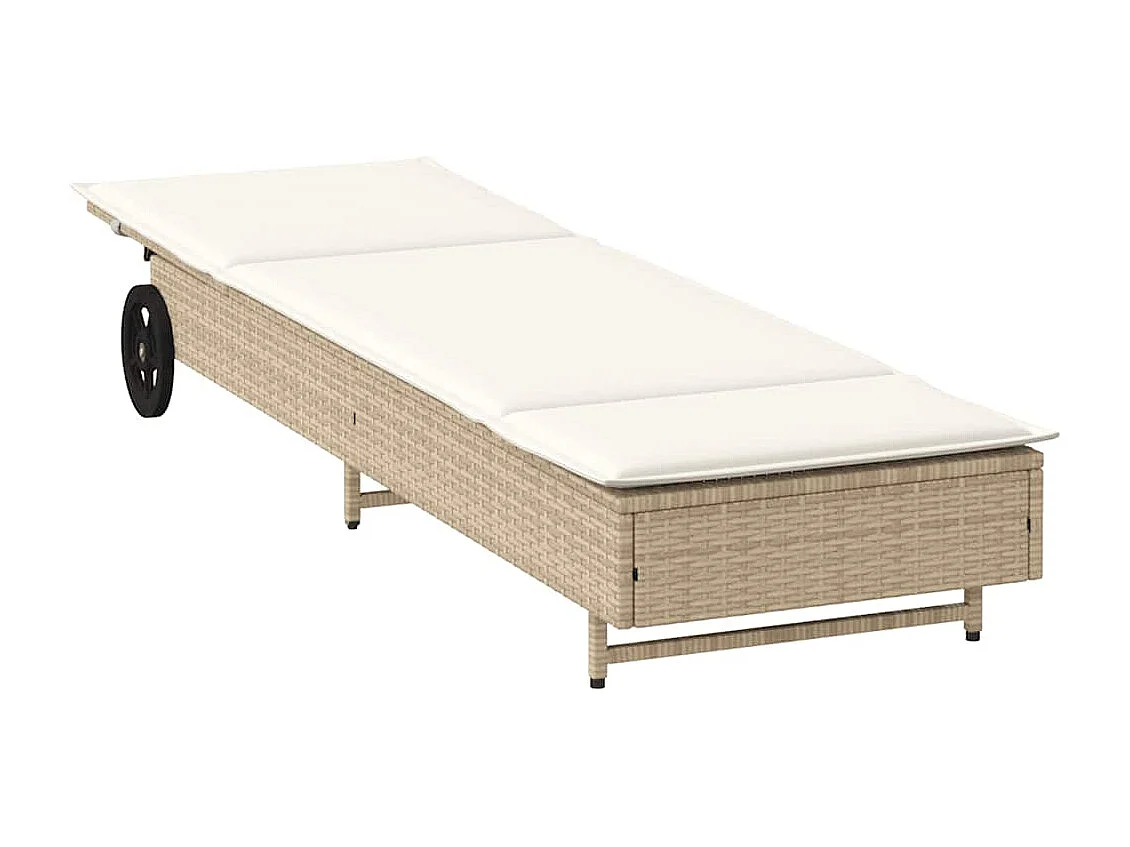 Chaise longue avec roues et coussin beige résine tressée