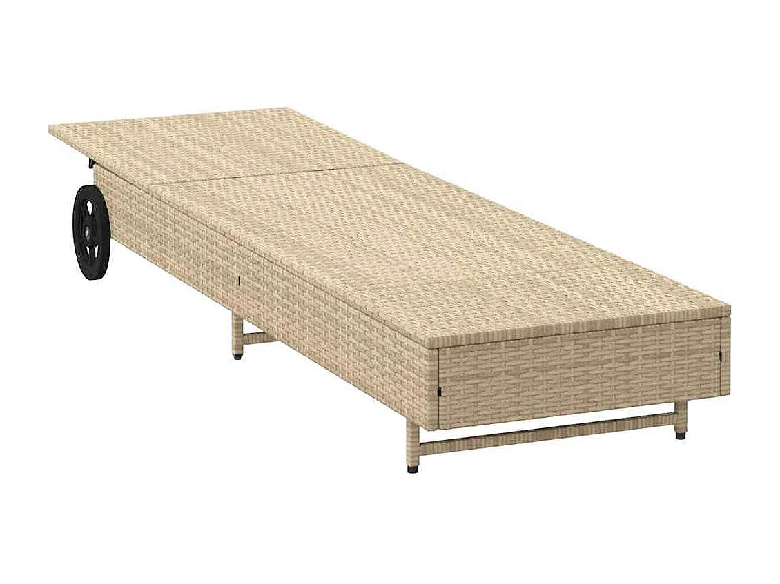 Chaise longue avec roues et coussin beige résine tressée