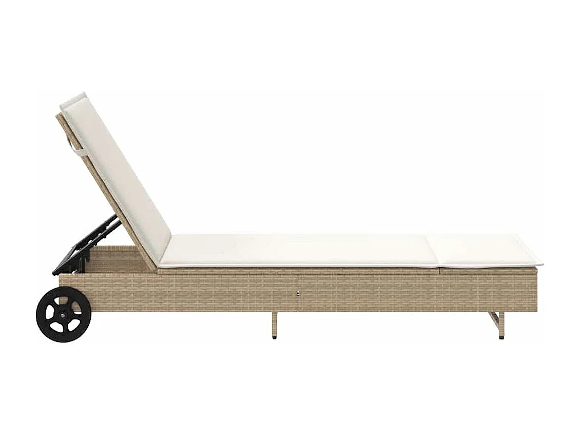 Chaise longue avec roues et coussin beige résine tressée