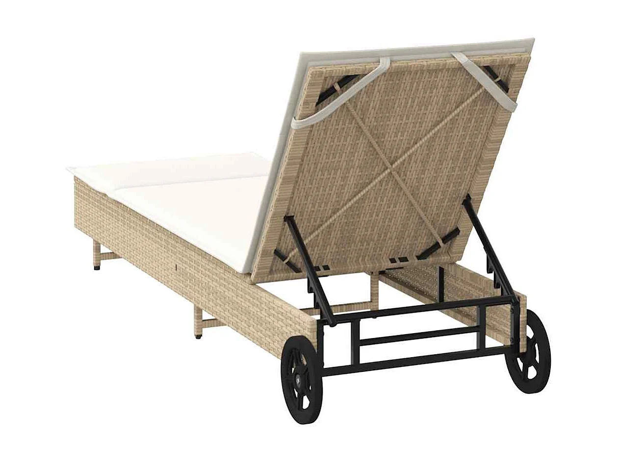 Chaise longue avec roues et coussin beige résine tressée
