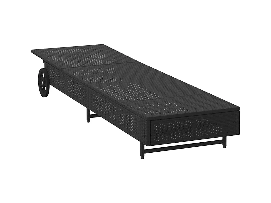 Chaise longue avec roues et coussin noir résine tressée