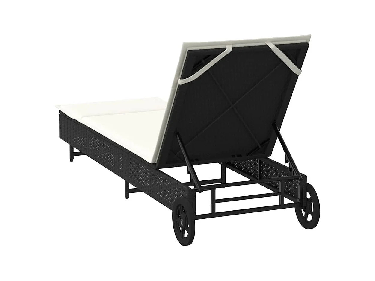 Chaise longue avec roues et coussin noir résine tressée