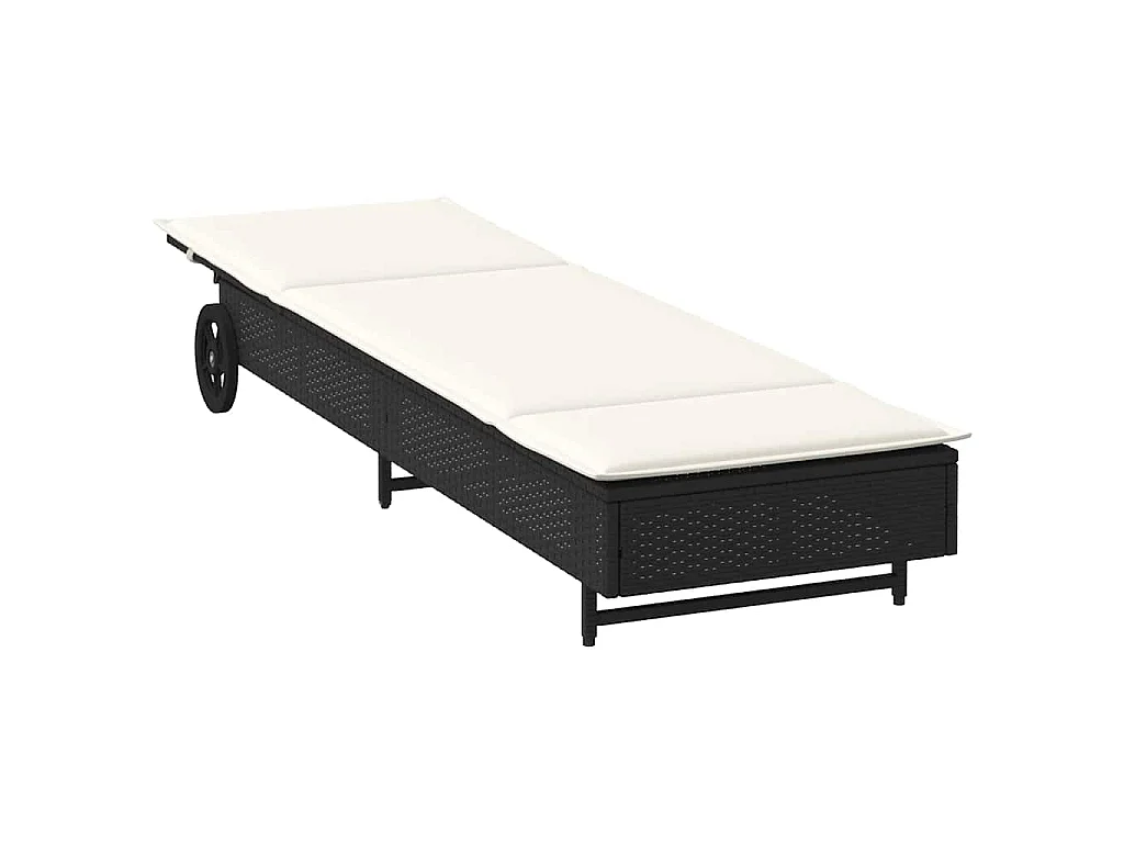 Chaise longue avec roues et coussin noir résine tressée