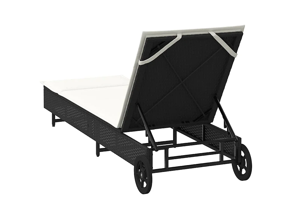 Chaise longue avec roues et coussin noir résine tressée