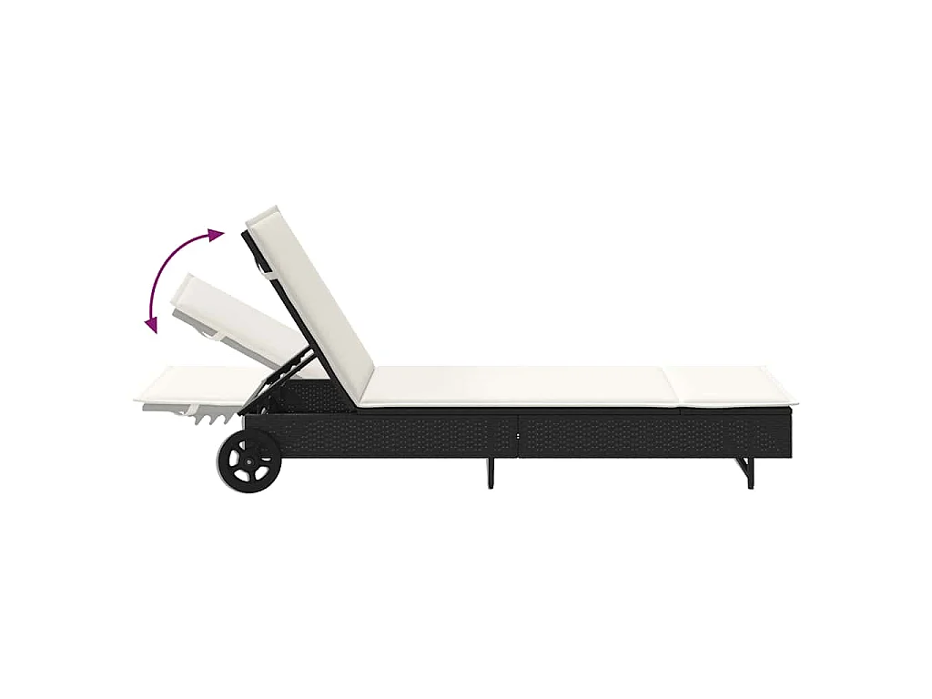 Chaise longue avec roues et coussin noir résine tressée