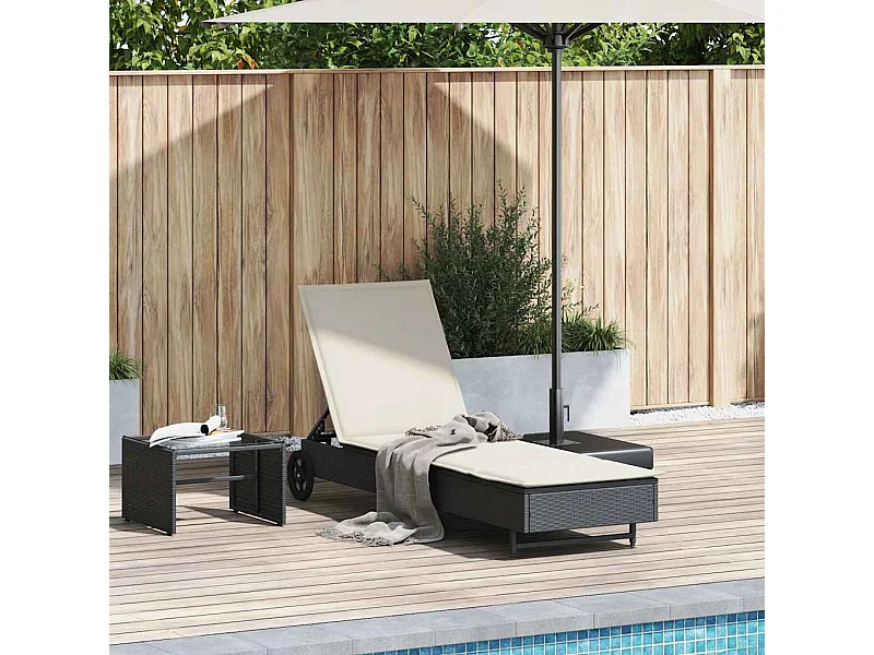 Sonnenliege mit Rollen und Auflage Schwarz Poly Rattan