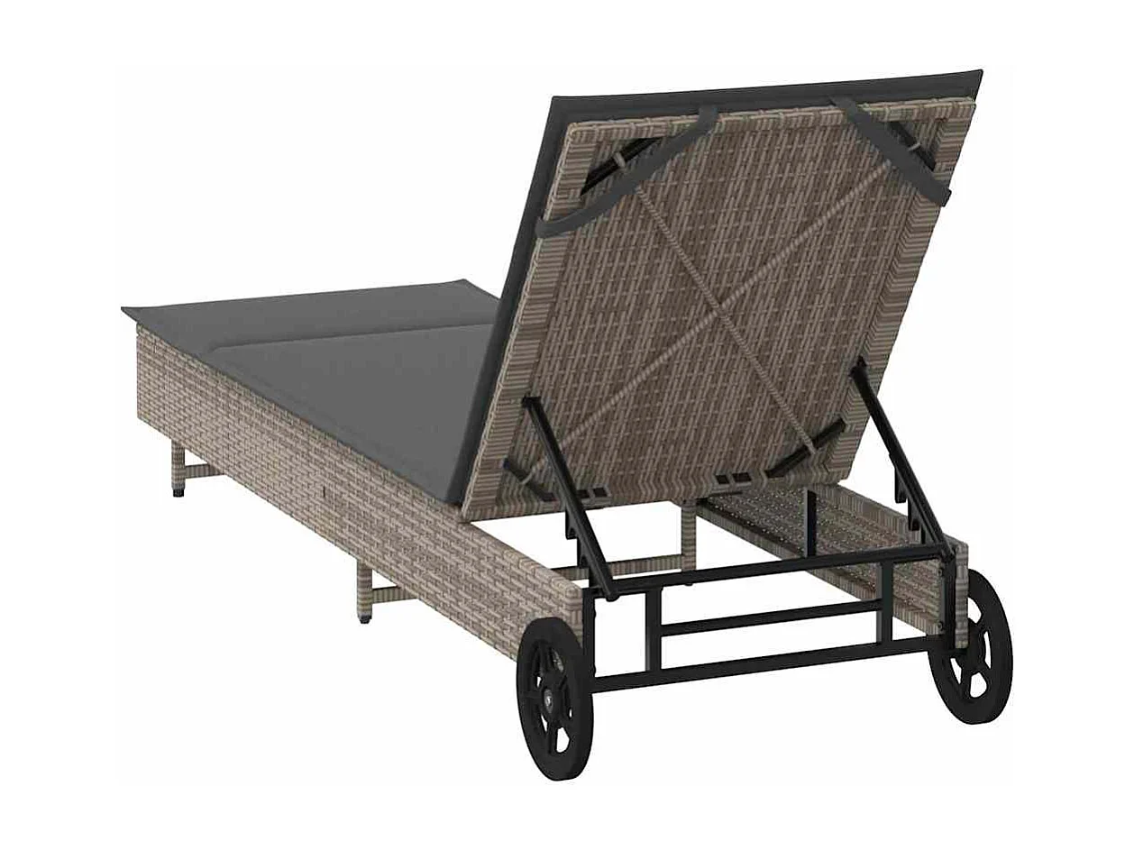 Chaise longue avec roues et coussin gris résine tressée
