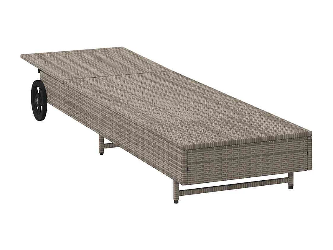 Chaise longue avec roues et coussin gris résine tressée