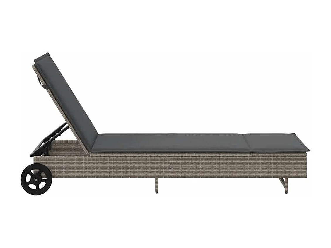 Chaise longue avec roues et coussin gris résine tressée