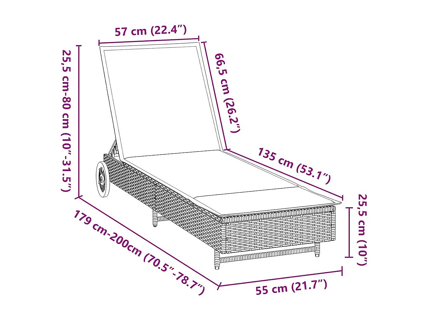 Chaise longue avec roues et coussin gris résine tressée