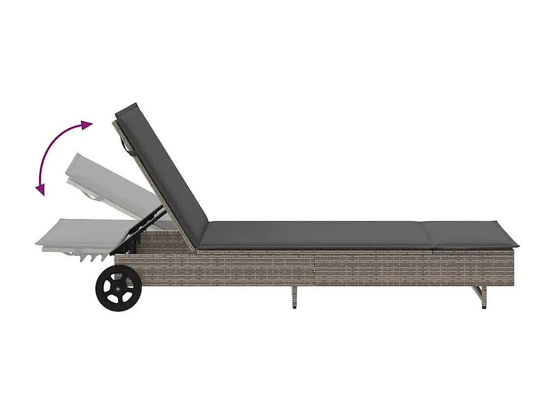 Chaise longue avec roues et coussin gris résine tressée
