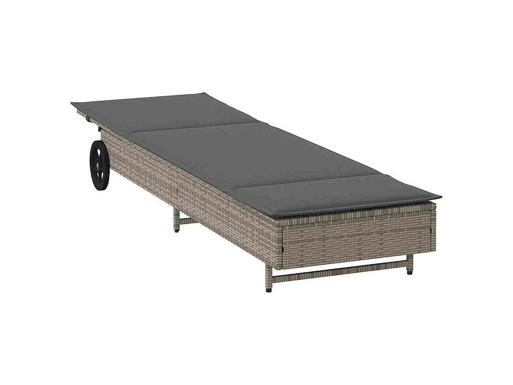 Chaise longue avec roues et coussin gris résine tressée
