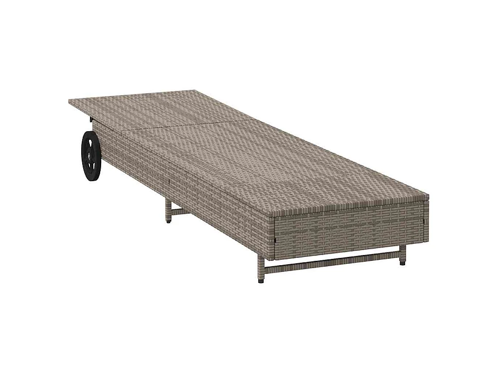 Chaise longue avec roues et coussin gris résine tressée