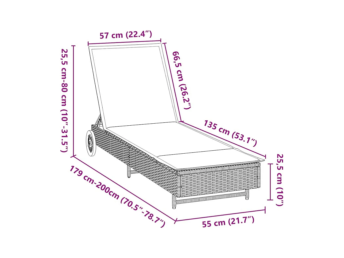 Chaise longue avec roues et coussin beige résine tressée