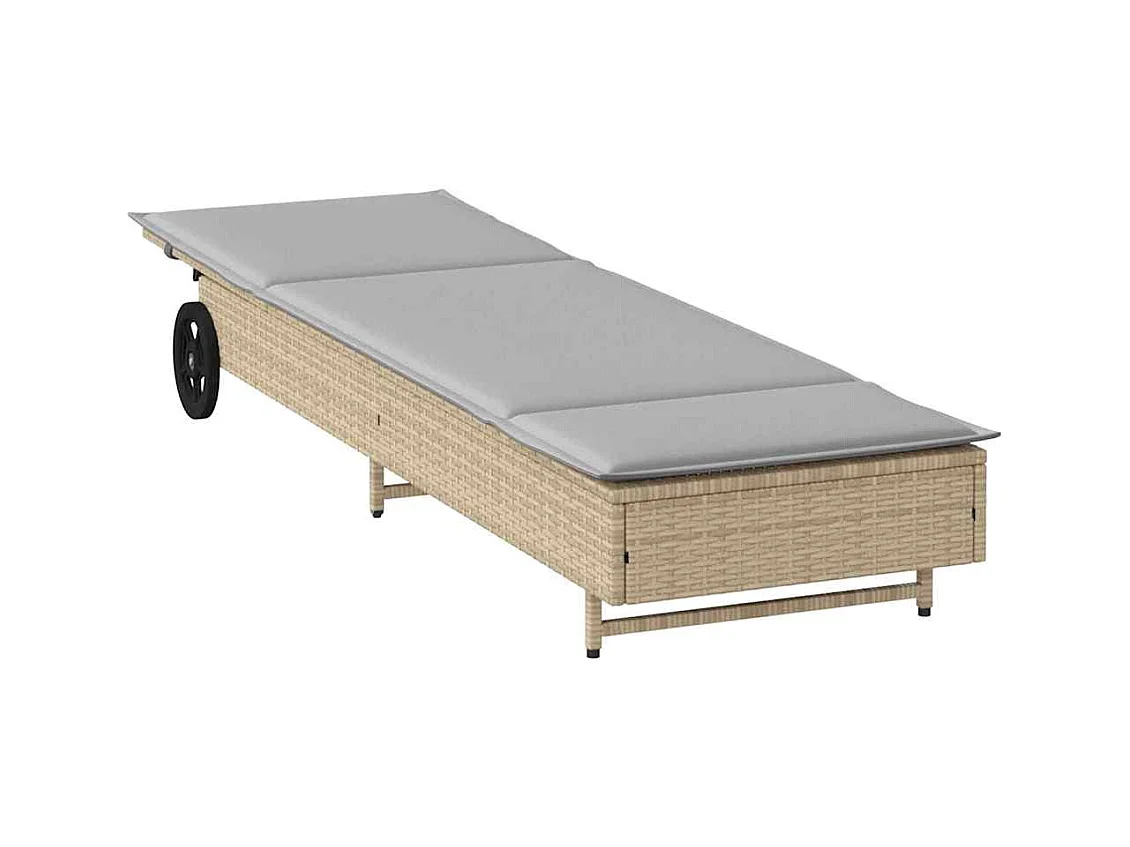 Chaise longue avec roues et coussin beige résine tressée