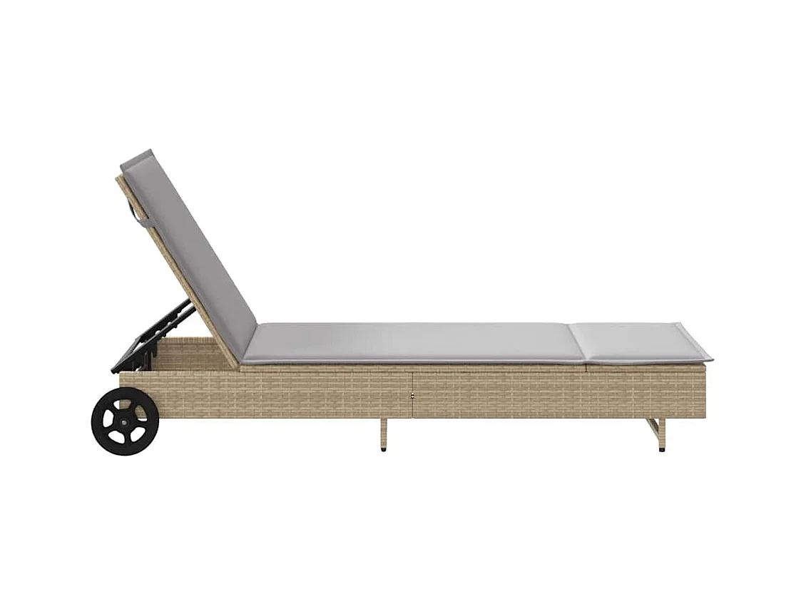 Chaise longue avec roues et coussin beige résine tressée