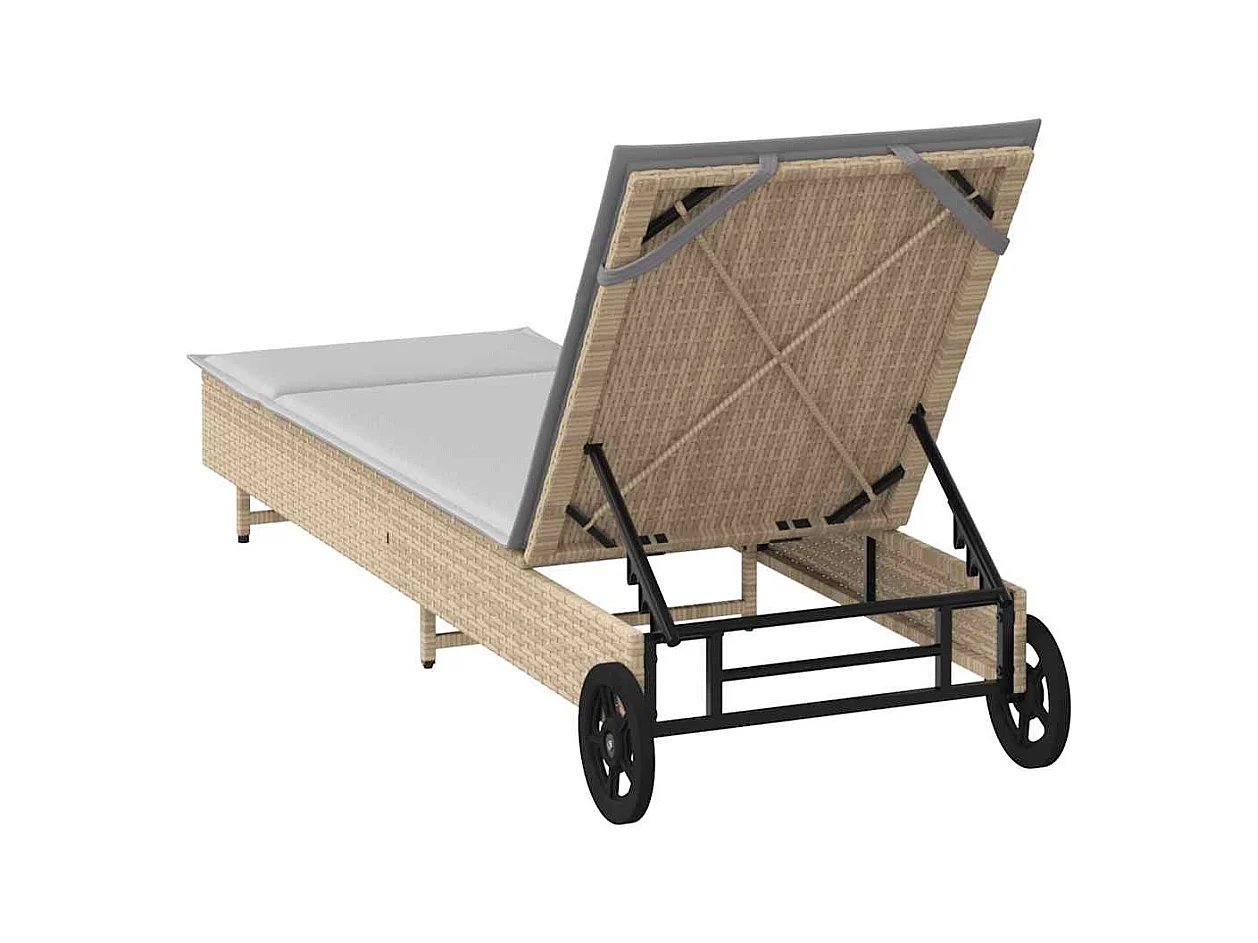 Chaise longue avec roues et coussin beige résine tressée