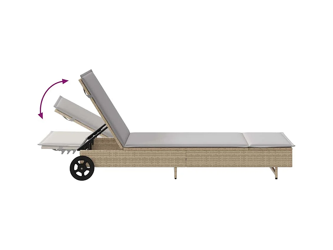 Chaise longue avec roues et coussin beige résine tressée