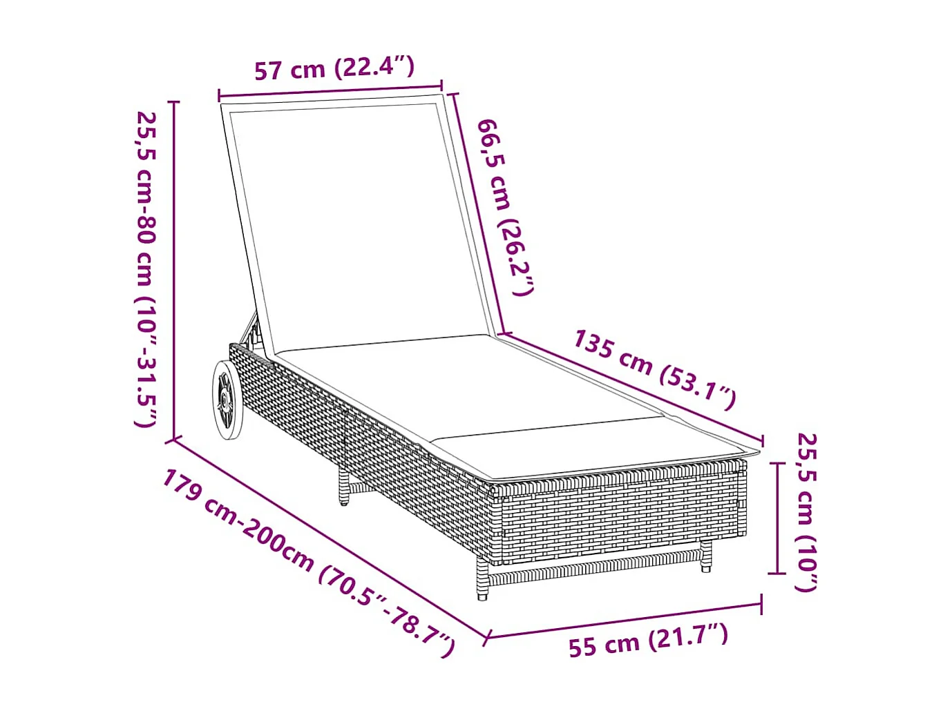 Chaise longue avec roues et coussin beige résine tressée