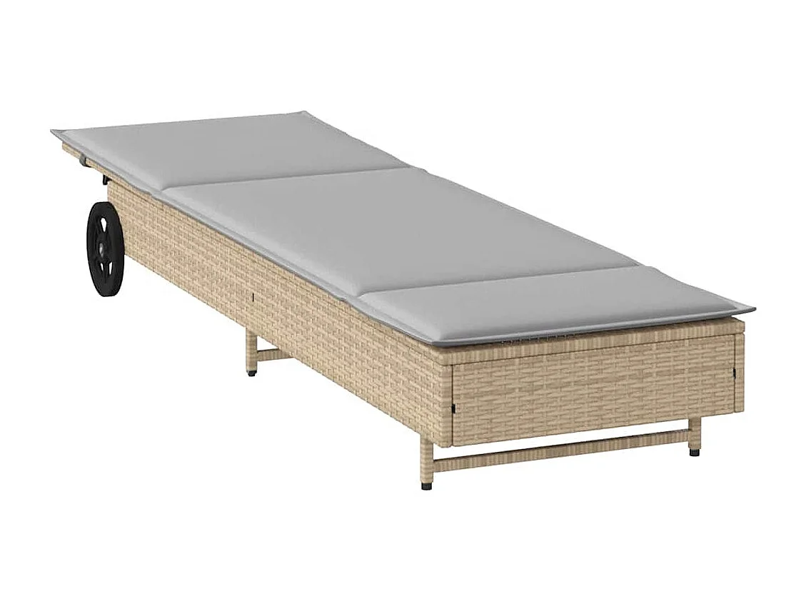 Chaise longue avec roues et coussin beige résine tressée