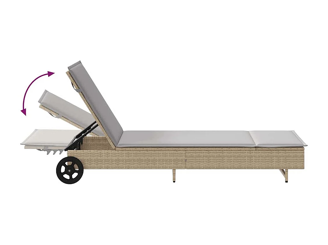 Chaise longue avec roues et coussin beige résine tressée