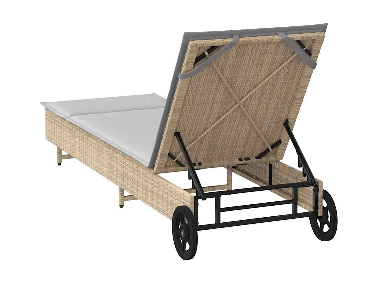 Chaise longue avec roues et coussin beige résine tressée