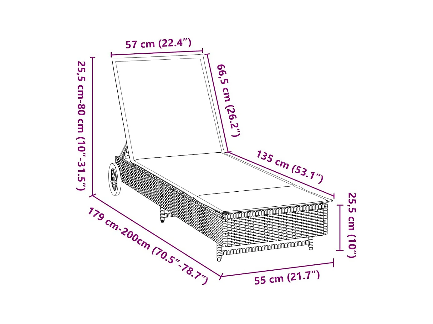 Chaise longue avec roues et coussins gris clair résine tressée