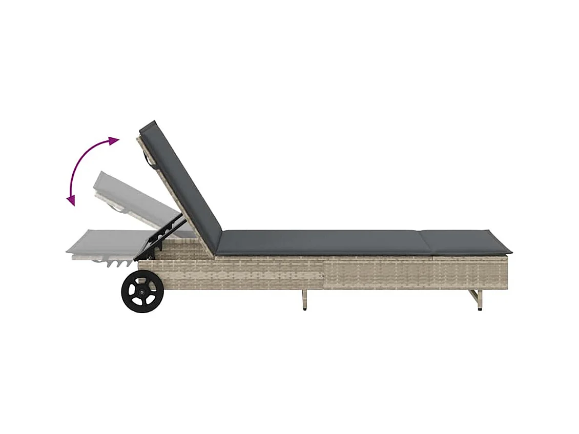 Chaise longue avec roues et coussins gris clair résine tressée