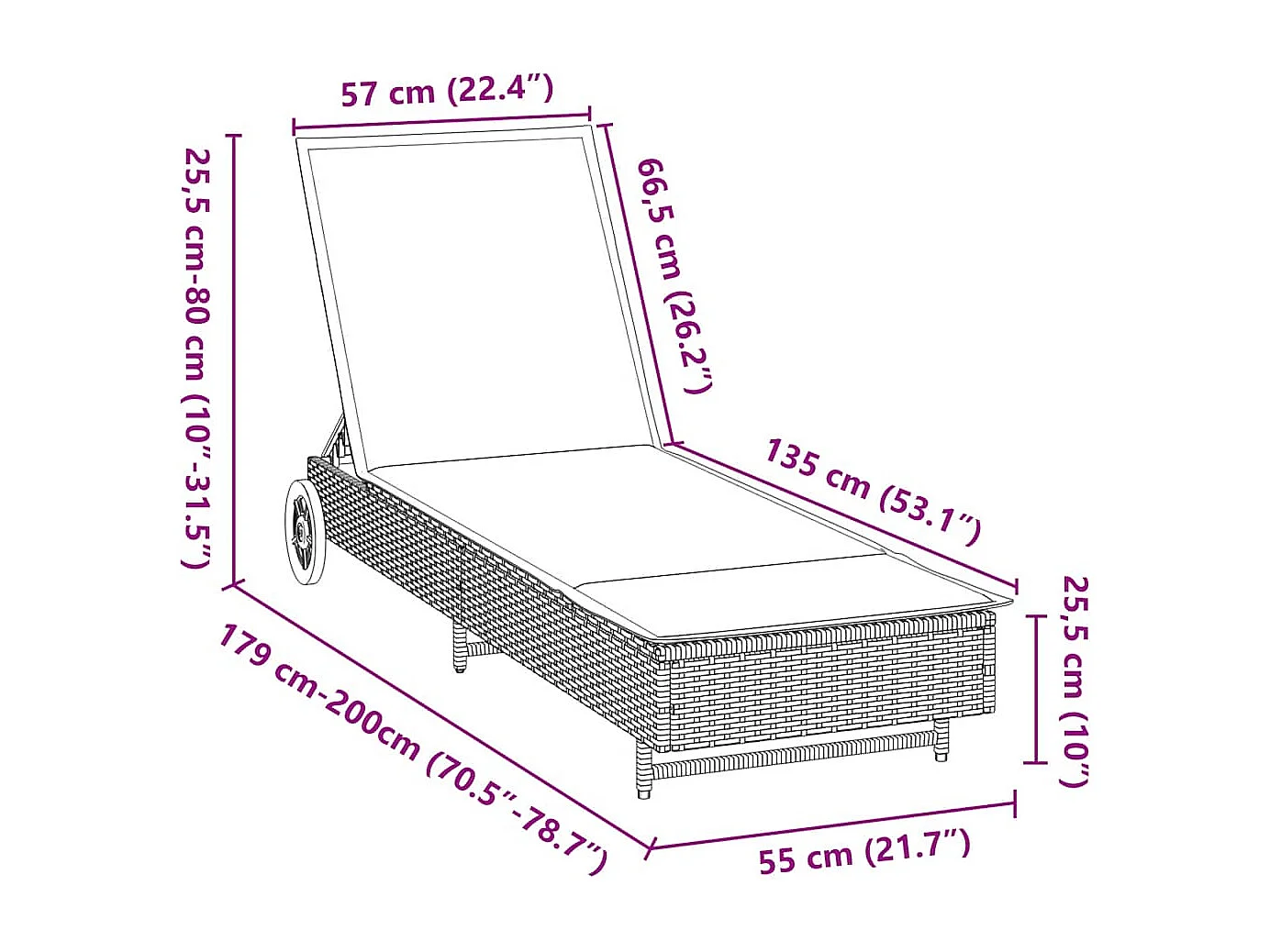 Chaise longue avec roues et coussins gris clair résine tressée