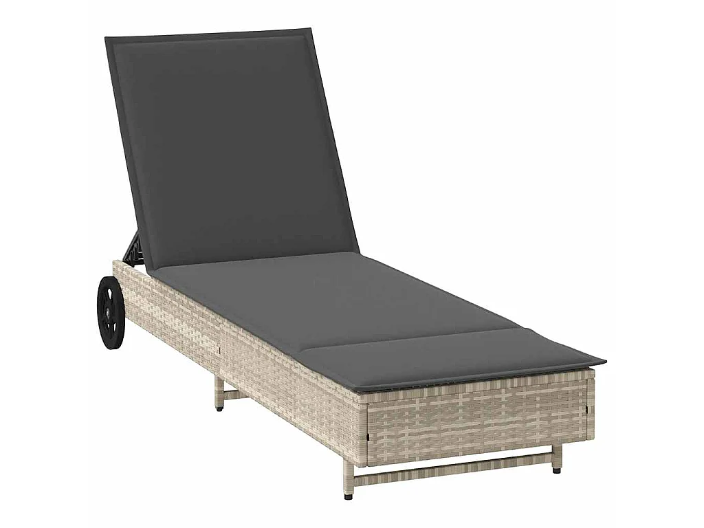 Chaise longue avec roues et coussins gris clair résine tressée