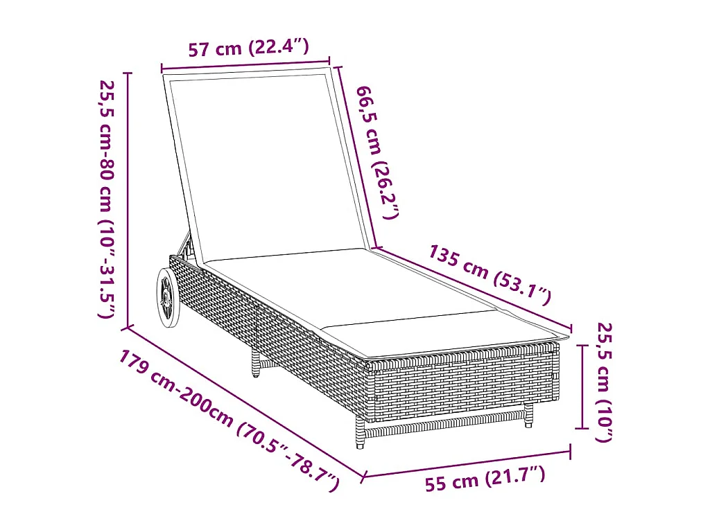 Chaise longue avec roues et coussins gris clair résine tressée