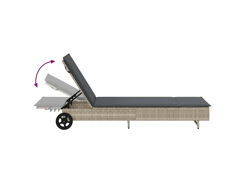 Chaise longue avec roues et coussins gris clair résine tressée