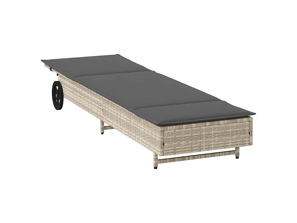 Ligbed met wielen en kussens poly rattan lichtgrijs