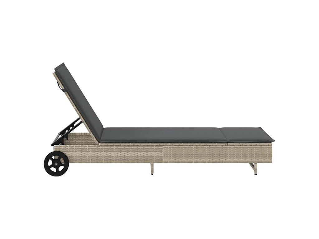 Ligbed met wielen en kussens poly rattan lichtgrijs