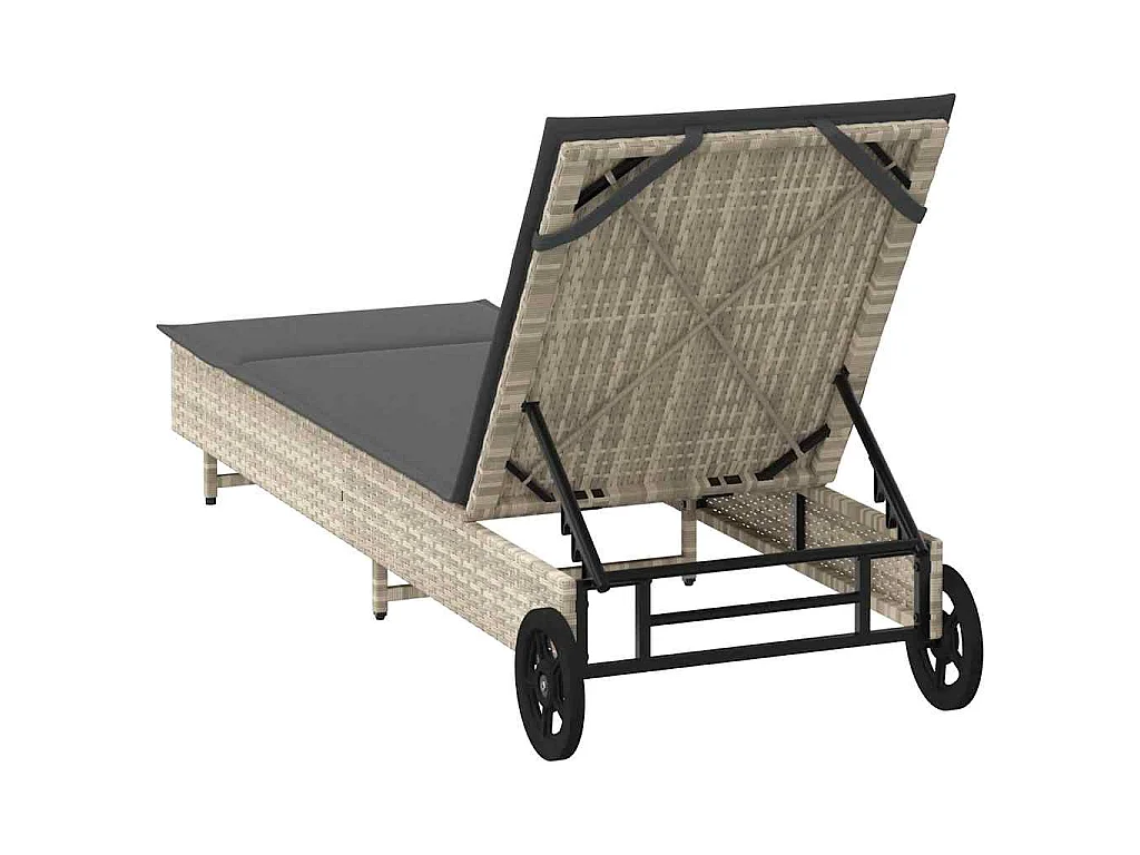 Ligbed met wielen en kussens poly rattan lichtgrijs