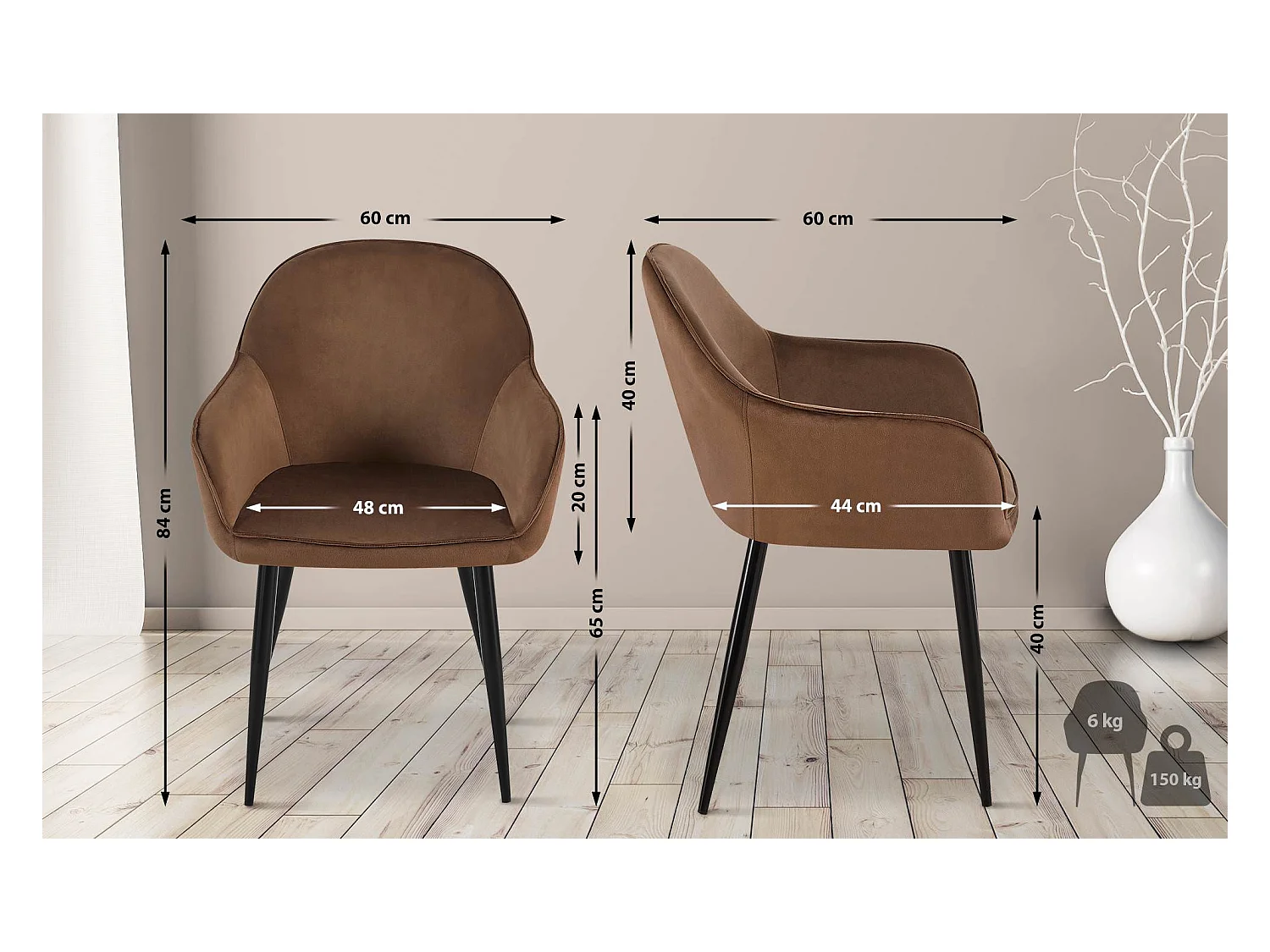 Lot de 2  chaises avec accoudoirs - Velours - Marron - Boise