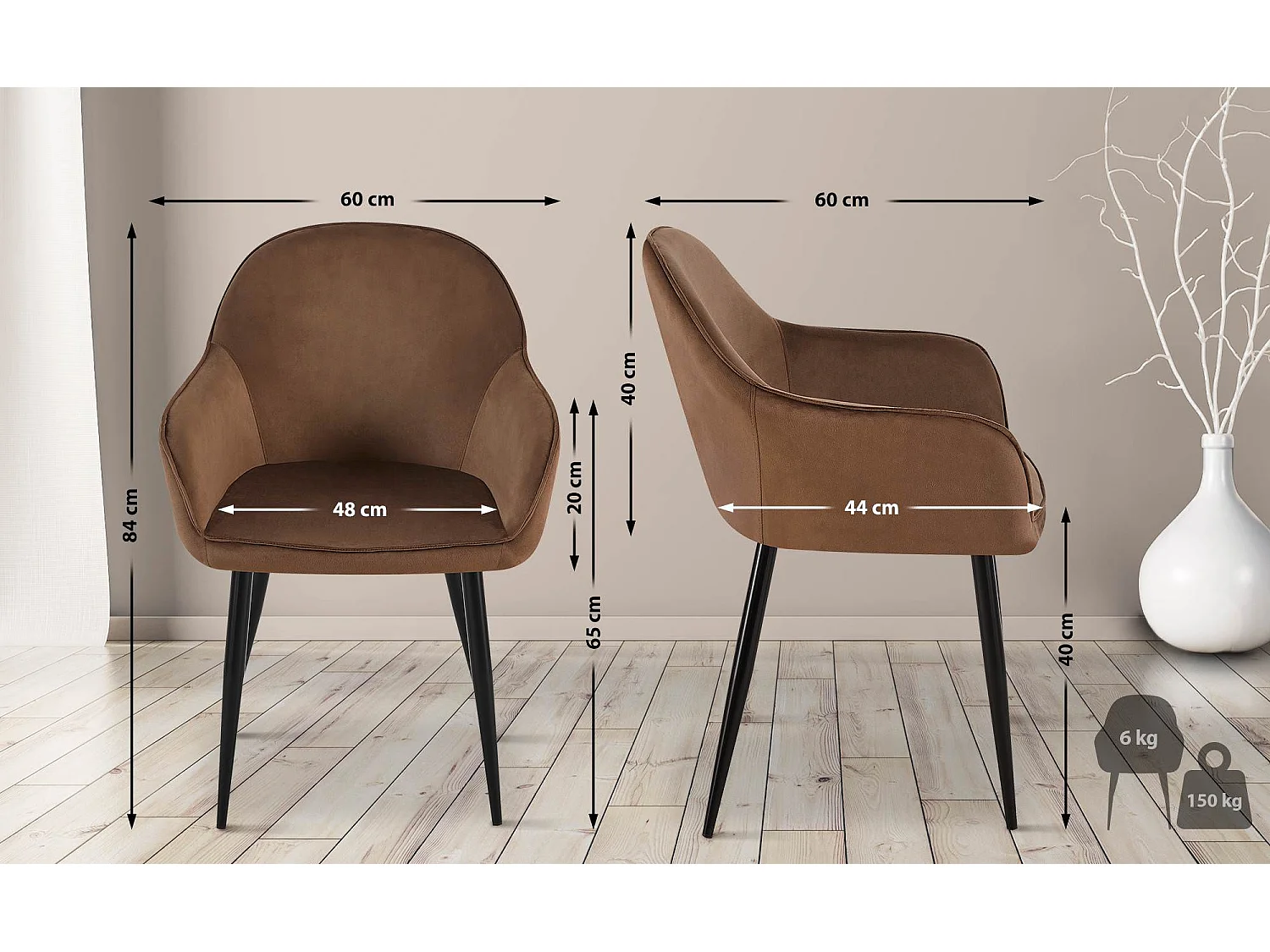 Lot de 2  chaises avec accoudoirs - Velours - Marron - Boise