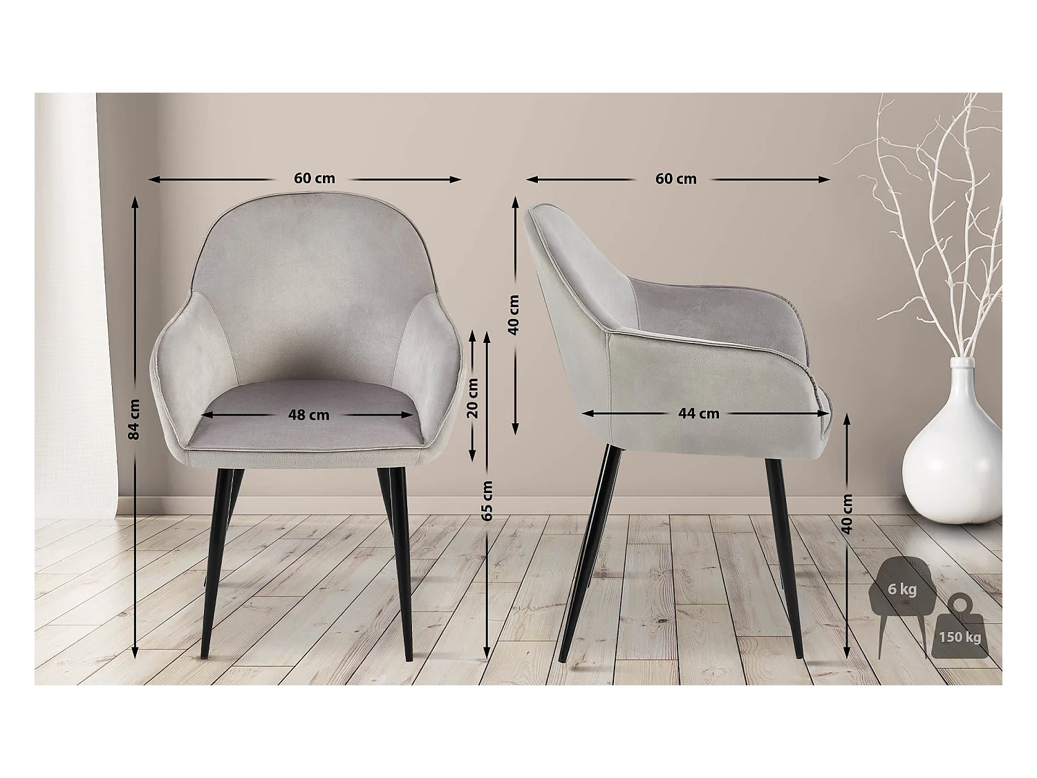 Lot de 2  chaises avec accoudoirs - Velours - Gris - Boise