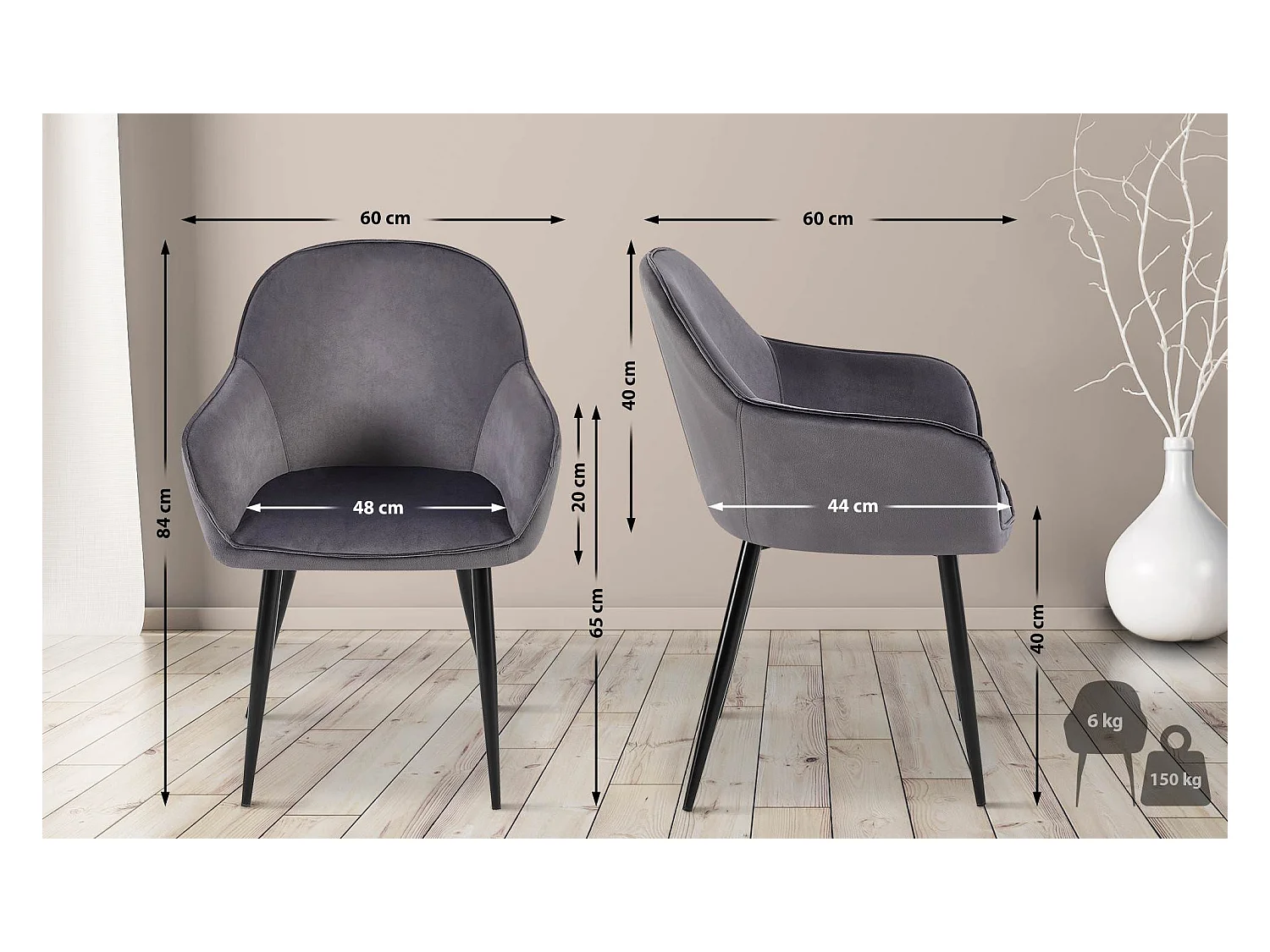 Lot de 2  chaises avec accoudoirs - Velours - Gris foncé - Boise