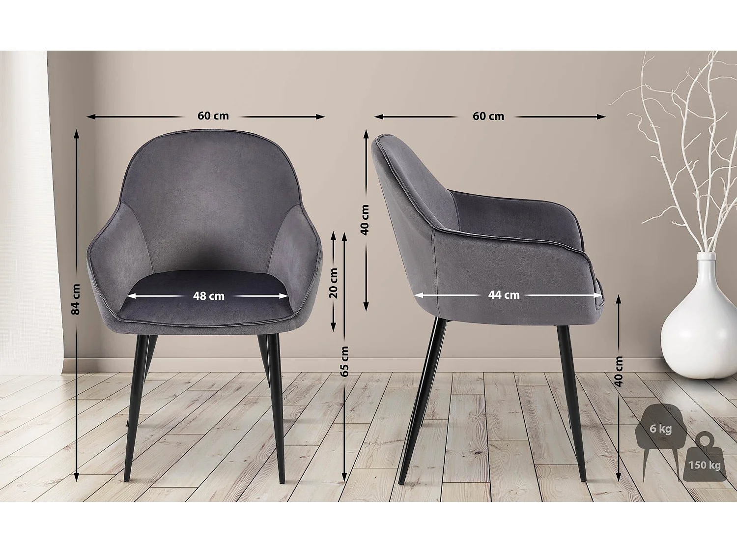 Lot de 2  chaises avec accoudoirs - Velours - Gris foncé - Boise