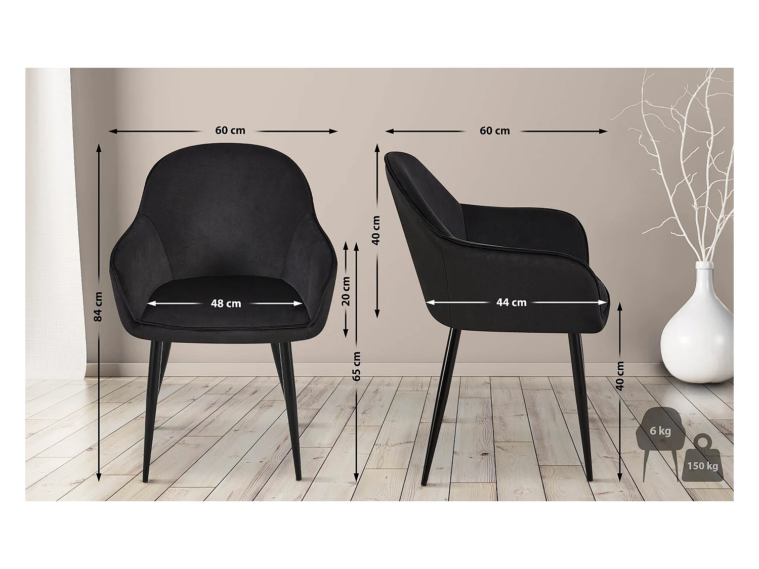 Lot de 2  chaises avec accoudoirs - Velours - Noir - Boise